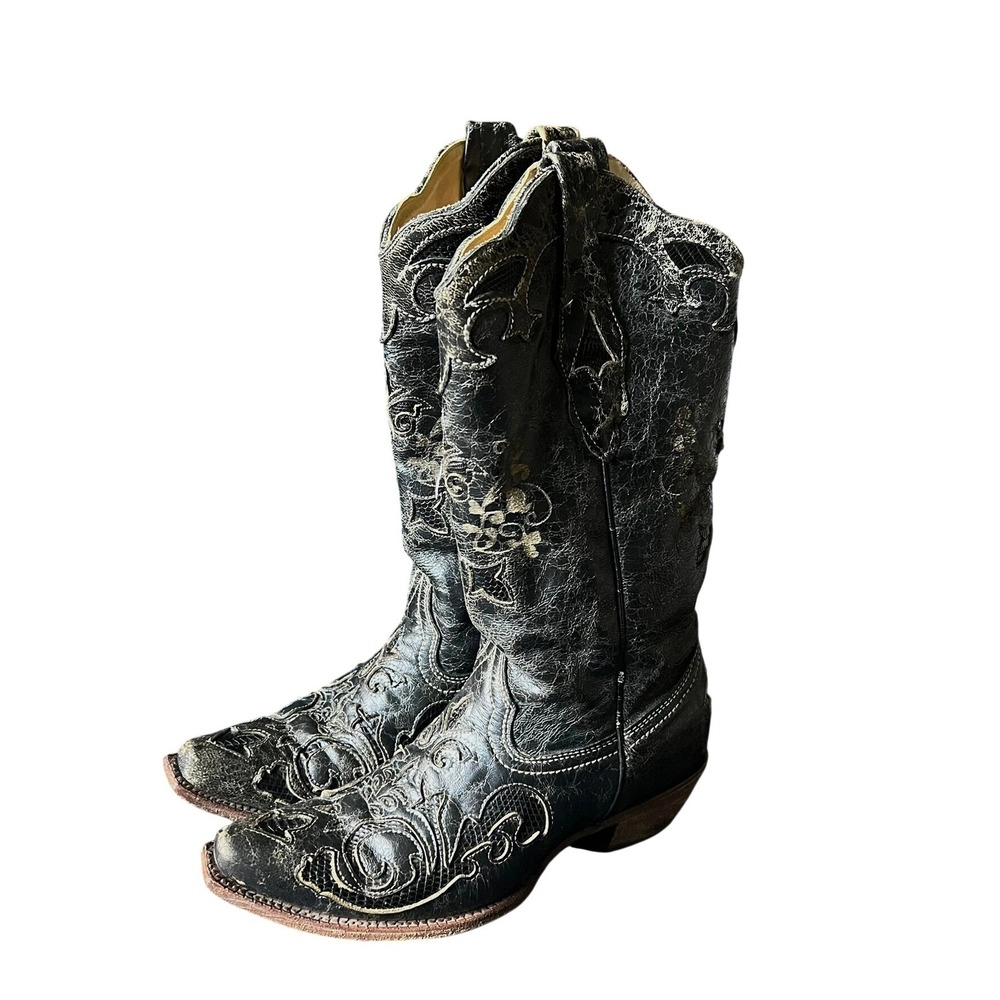 Corral Black Distressed Leather Lizard Inlay Western Boots C1198 Women 7 M
